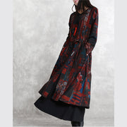 Fine burgundy print coats oversized o neck tie waist outwear Elegant long sleeve pockets coats dresses