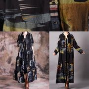 Fine casual long coat fall gray black print lapel Button Down Coats Women - SooLinen