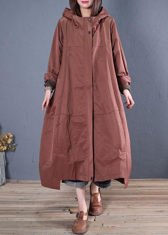 Fine casual long fall brown hooded zippered overcoat - SooLinen