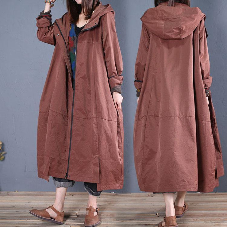 Fine casual long fall brown hooded zippered overcoat - SooLinen