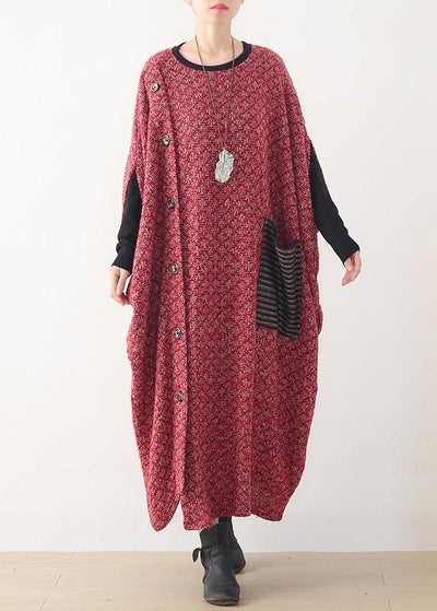 Fine casual long winter dress red o neck asymmetric woolen dress - SooLinen