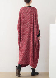 Fine casual long winter dress red o neck asymmetric woolen dress - SooLinen