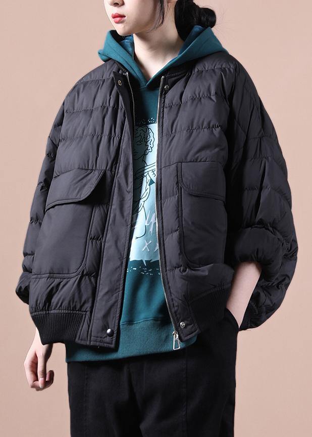 Fine casual womens parka coats black Large pockets down coat winter - SooLinen