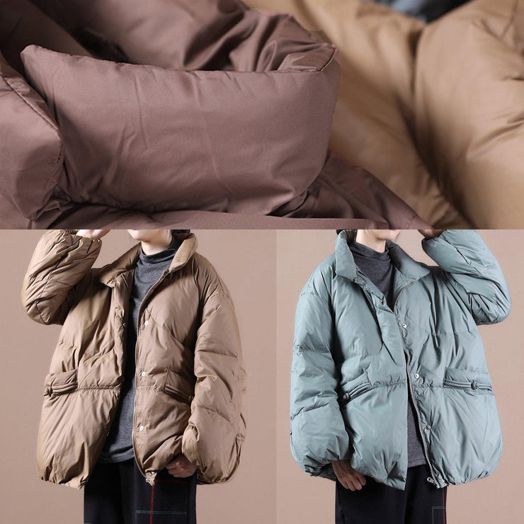 Fine chocolate goose Down coat plus size down jacket stand collar Chinese Button women overcoat - SooLinen