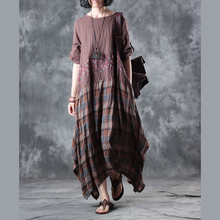 Fine chocolate linen maxi dress oversize o neck plaid grid patchwork linen gown 2018 half sleeve pockets caftans