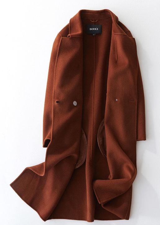 Fine chocolate woolen coats oversize mid-length coats back open coat lapel collar - SooLinen