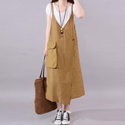 Fine cotton blended summer dress plus size Casual Stripe Big Pocket Loose Suspender Dress