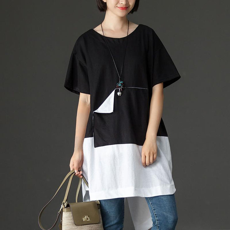 Feine Baumwollmischoberteile übergroße schwarze lässige Sommer-Kurzarm-Hemden mit hohem Saum