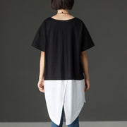 Fine cotton blended tops oversized Black Casual Summer High-low Hem Short Sleeve Women Shirts