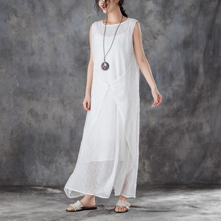 Sommerkleid aus feiner Baumwolle, stilvolles, ärmelloses, weißes Sommerkleid mit Rundhalsausschnitt