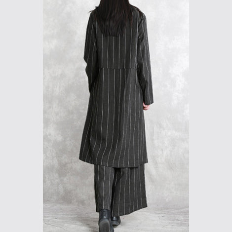 Fine dark gray striped linen blouse plus size linen two pieces Fine long sleeve pockets patchwork cotton tops and vintage baggy pants