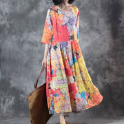 Fine floral long linen dresses casual o neck pockets caftans New half sleeve baggy dresses kaftans