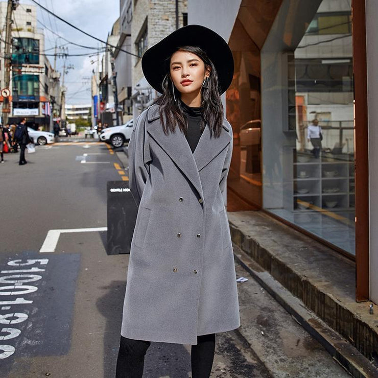 Fine gray Wool Coat plus size Notched outwear boutique double breasted pockets long coats