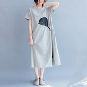Feines graues Baumwollkleid plus Größenkleidung O-Ausschnitt Baumwollkleid Frauen Rückseite offenes Baumwollkleid