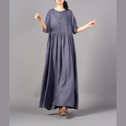 Fine gray embroidery long linen dresses plus size O neck gown 2018 Cinched linen caftans
