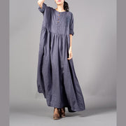 Fine gray embroidery long linen dresses plus size O neck gown 2018 Cinched linen caftans