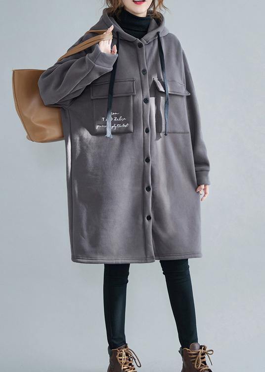 Fine gray embroidery women parka oversize winter jacket hooded pockets outwear - SooLinen