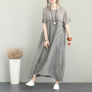 Fine gray long silk linen dress plus size patchwork linen gown fine short sleeve caftans