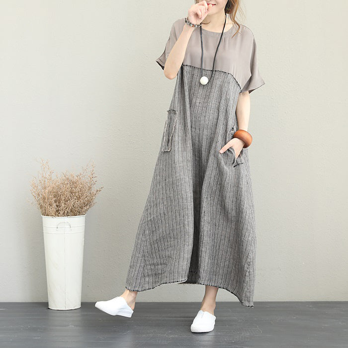 Fine gray long silk linen dress plus size patchwork linen gown fine short sleeve caftans