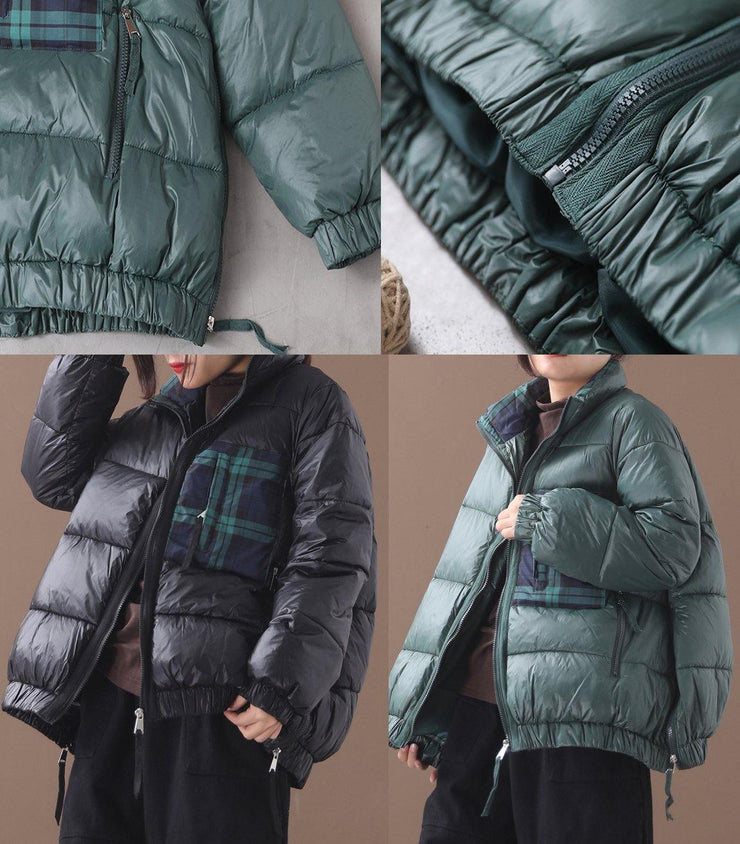 Fine green goose Down coat Loose fitting winter jacket patchwork plaid side zippered Jackets - SooLinen