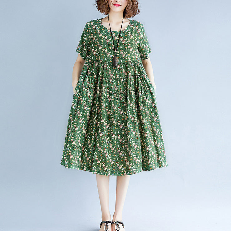 Fine green print cotton linen dress oversize short sleeve gown casual o neck baggy dresses cotton linen clothing dress