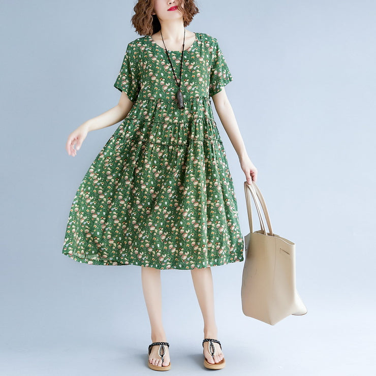 Fine green print cotton linen dress oversize short sleeve gown casual o neck baggy dresses cotton linen clothing dress