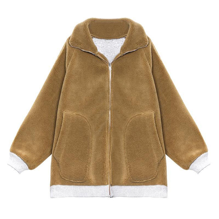 Fine khaki Wool winter jackets lapel zippered women coats - SooLinen