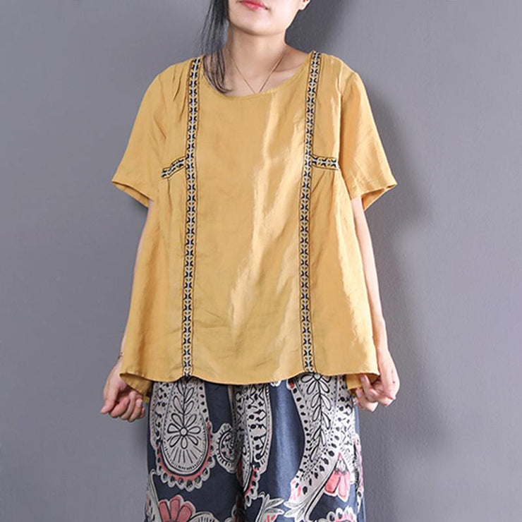 Fine linen blouse plus size Linen Loose Short Sleeve Pullover Casual Embroidery Pleated Blouse