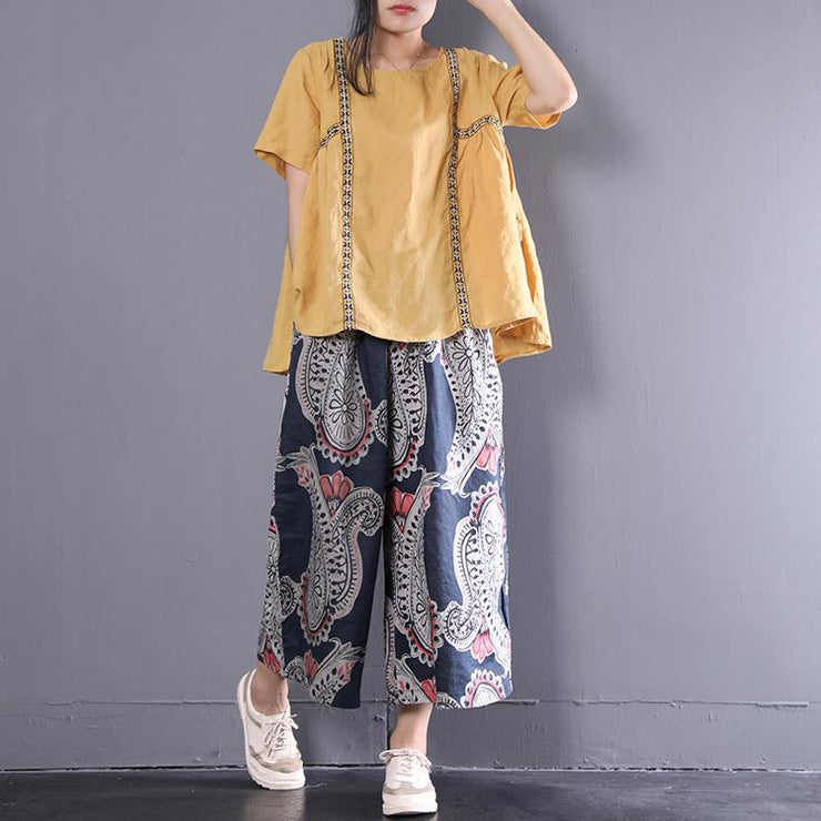Fine linen blouse plus size Linen Loose Short Sleeve Pullover Casual Embroidery Pleated Blouse