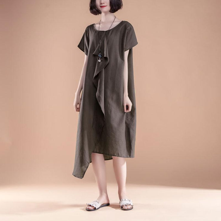 Feines Leinen-Baumwollkleid plus Größenkleidung Kurzarm-Sommer-Freizeitkleid mit hohem Saum