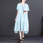 Fine linen dress oversized Short Sleeve Embroidered Flax Irregular Blue Dress