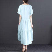 Fine linen dress oversized Short Sleeve Embroidered Flax Irregular Blue Dress