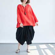 Fine linen tops Loose fitting Loose Irregular Long Sleeve Red Flax Women Tops