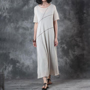 Fine long linen dresses trendy plus size Round Neck Knitting Short Sleeve Flax Dress
