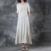 Fine long linen dresses trendy plus size Round Neck Knitting Short Sleeve Flax Dress