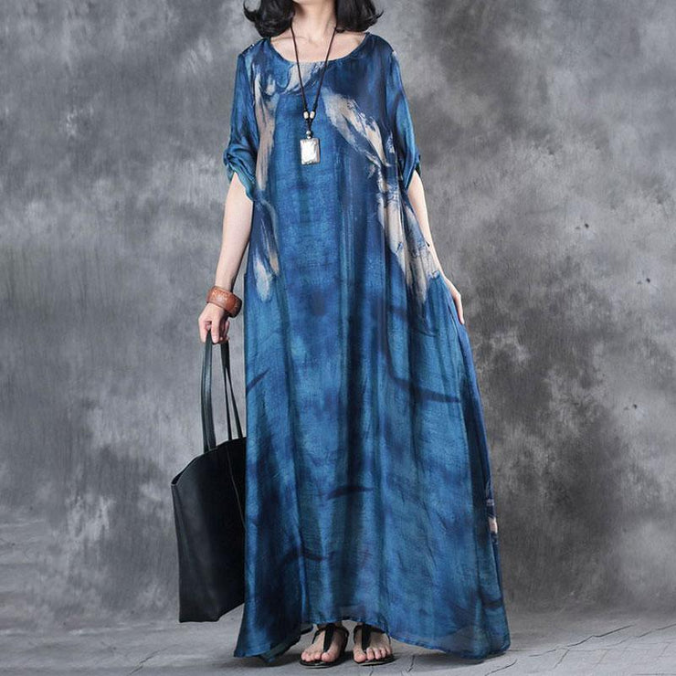 Feine Maxikleider Mode Retro Dreiviertelärmel bedrucktes blaues langes Kleid