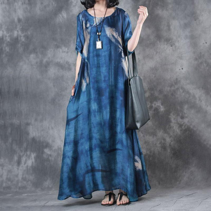 Fine maxi dresses fashion Retro Three Quarter Sleeve Printed Blue Long Dress