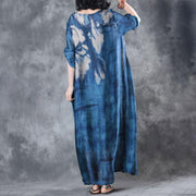 Fine maxi dresses fashion Retro Three Quarter Sleeve Printed Blue Long Dress