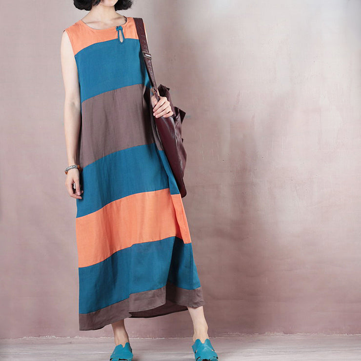 Fine multicolor striped linen maxi dress plus size clothing O neck traveling clothing casual Sleeveless baggy dresses maxi dresses