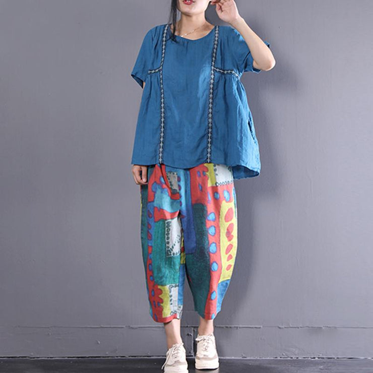 Fine natural linen t shirt plus size Linen Loose Short Sleeve Pullover Casual Embroidery Pleated Blouse
