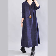 Feines marineblaues Leinenkleid Übergroßes Reisekleid Lässiges Baumwollkleid mit offenem V-Ausschnitt auf der Rückseite