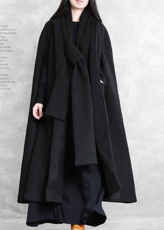 Fine oversize long coat black pockets exra large hem woolen outwear - SooLinen