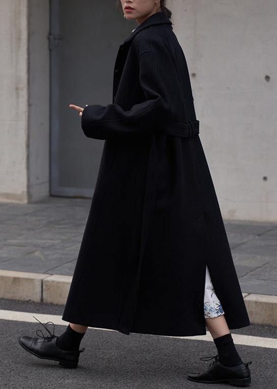 Fine oversize long coats  women black Notched tie waist Wool jackets - SooLinen