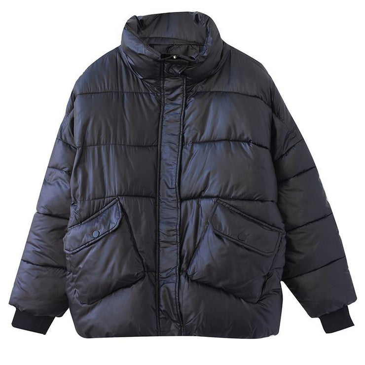 Fine oversize winter outwear black patchwork stand collar warm coat - SooLinen