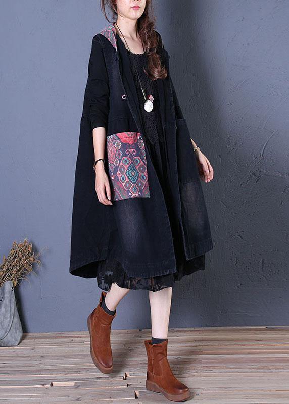 Fine oversized maxi coat fall black patchwork hooded coats - SooLinen