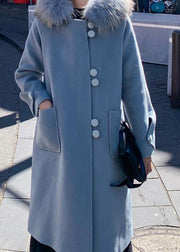 Fine oversized medium length jackets faux fur collar woolen outwear blue hooded woolen overcoat - SooLinen