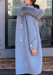 Fine oversized medium length jackets faux fur collar woolen outwear blue hooded woolen overcoat - SooLinen