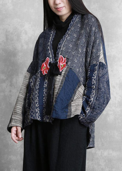 Fine oversized winter coats blue print v neck patchwork womens coats - SooLinen
