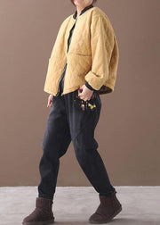 Fine oversized winter jacket outwear yellow stand collar casual outfit - SooLinen