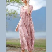 Fine pink embroidery silk cotton blended caftans casual O neck caftans New half sleeve baggy dresses